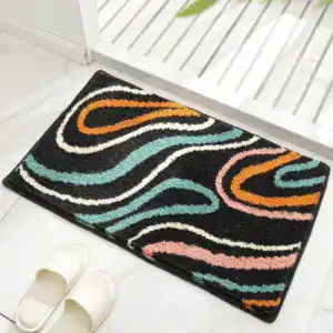 Antislip badmat zwart met kleurrijke golfpatronen voor badkamer.