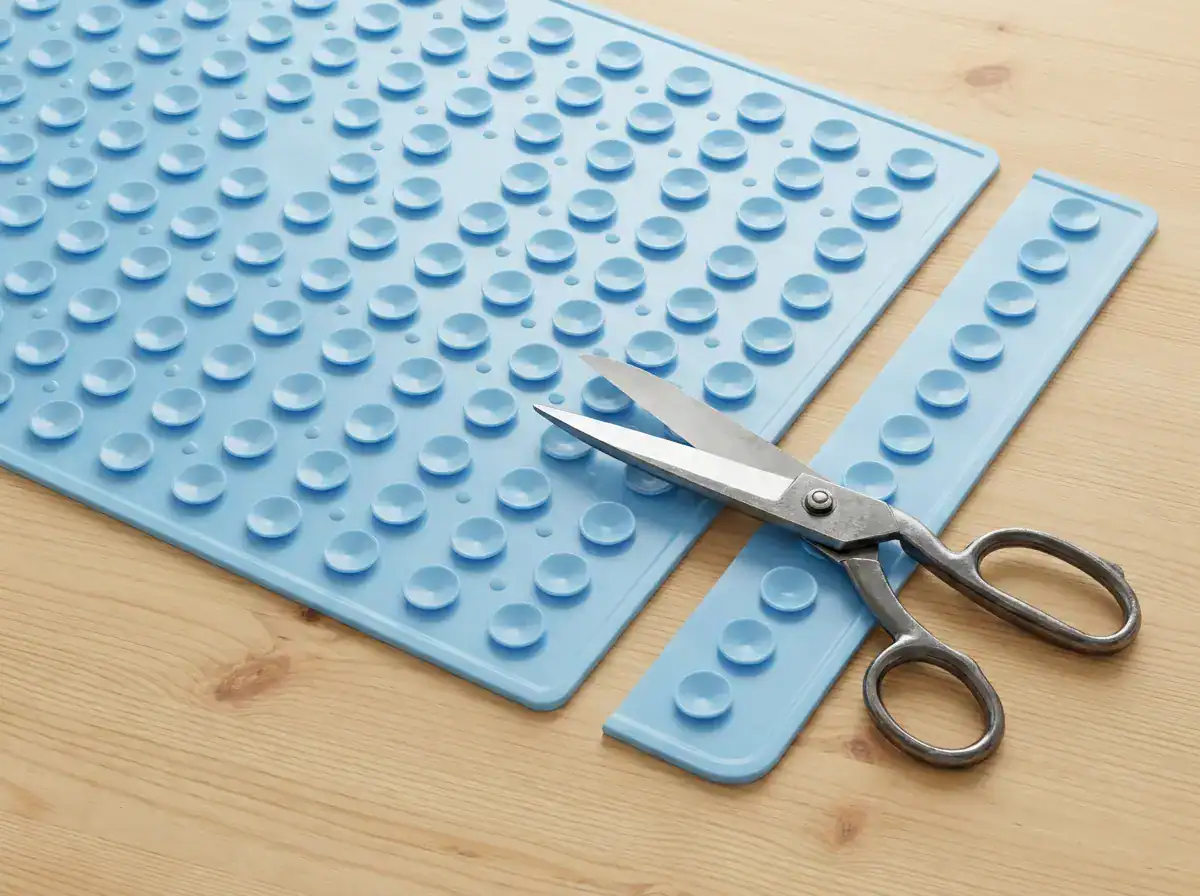 Schaar en een op maat geknipte antislipmat op een tafel
