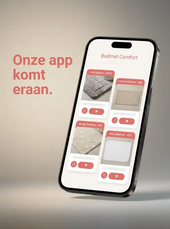 De Badmat Comfort applicatie op een smartphone, binnenkort beschikbaar in de App Store en Google Play.