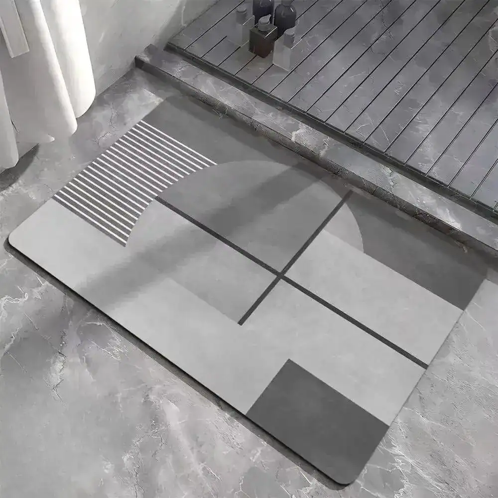 Antraciet badmat met geometrisch patroon, antislip badkamermat voor douche en bad.