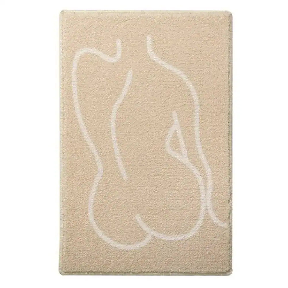 Beige badmat met witte abstracte vorm, antislip badkamermat voor douche.
