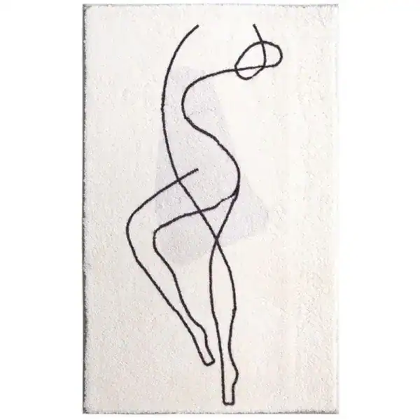 Wit badmat met minimalistisch zwart lijntekening van een danser.