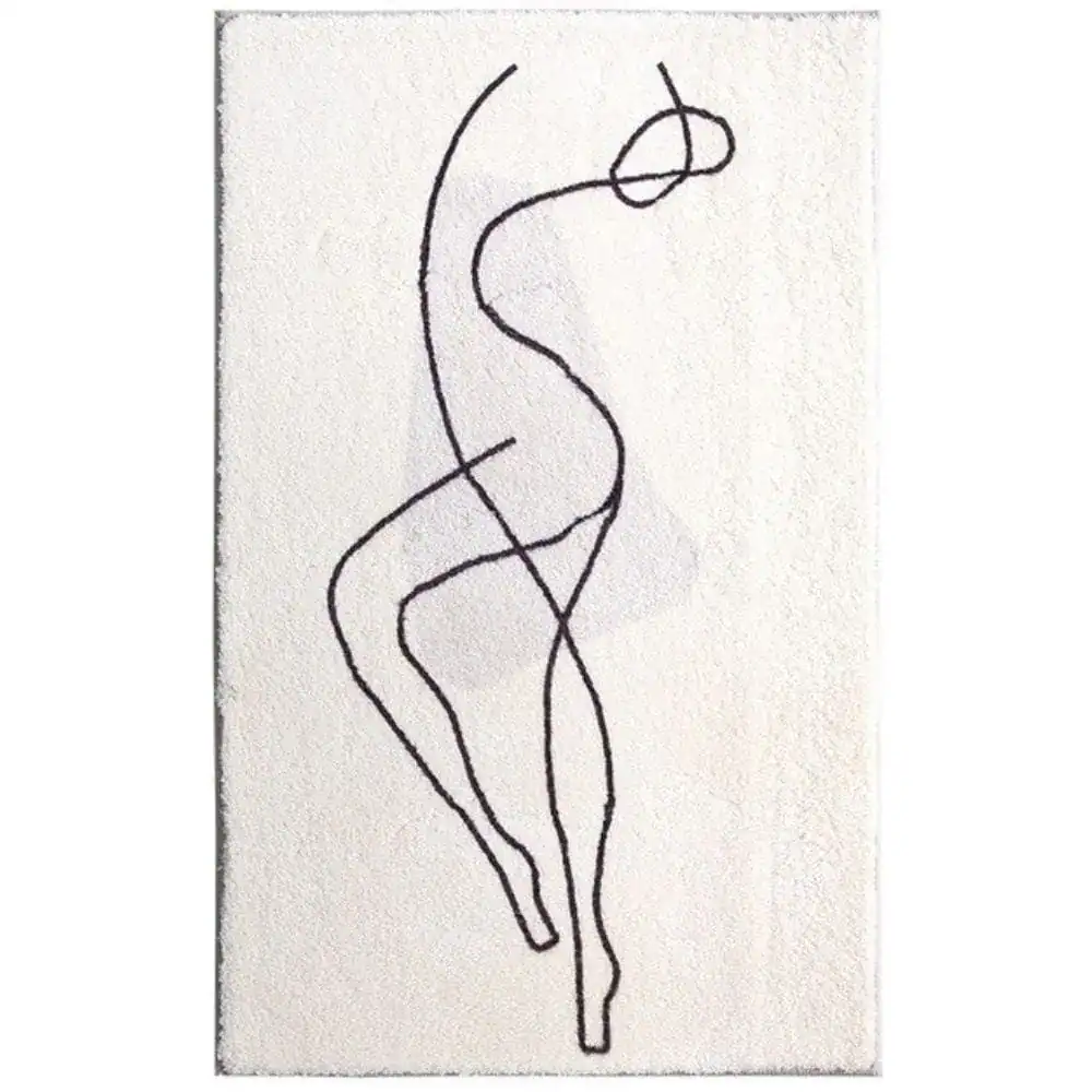 Wit badmat met minimalistisch zwart lijntekening van een danser.