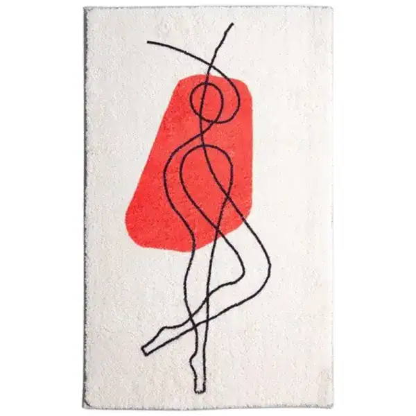 Badmat met abstracte rode en zwarte lijnafdruk op witte achtergrond.