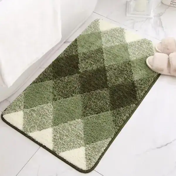 Badmat geruit met groene en crèmekleurige ruiten, antislip, badkamermat.