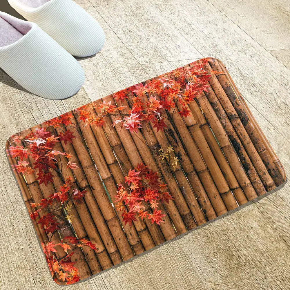 Badmat hout met herfstbladeren print, antislip badkamermat voor douche en bad.