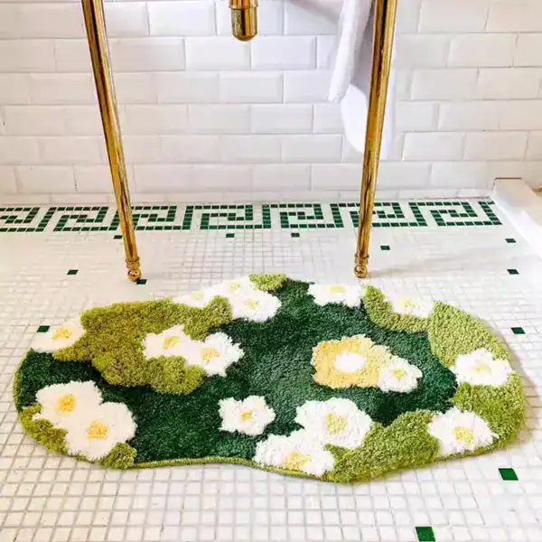 Badmat jade groen met bloemenpatroon, antislip badkamermat voor douche.