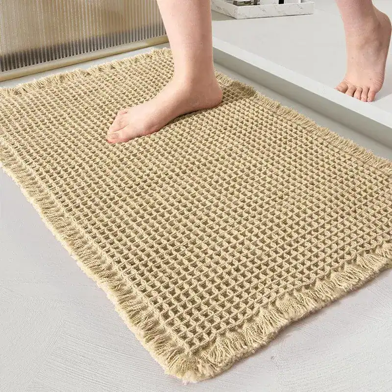 Badmat jute look met frans, antislip voor badkamer en douche.