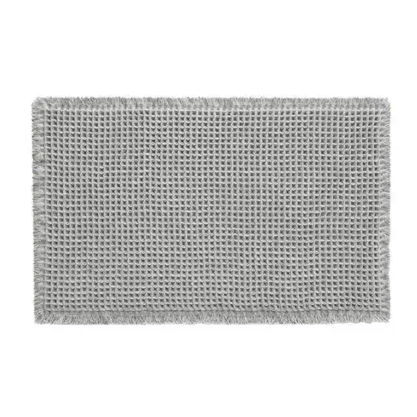 Grijze badmat met jute look en franje, antislip badkamermat voor douche of bad.