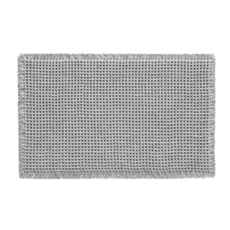 Grijze badmat met jute look en franje, antislip badkamermat voor douche of bad.
