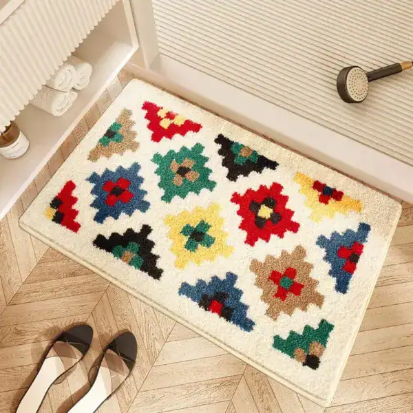 Badmat kelim met kleurrijke geometrische patronen, antislip, badkamer.