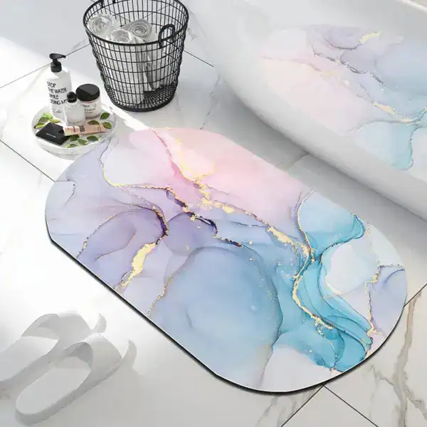 Badmat marmer met pastelkleuren en goudaccenten voor badkamer.