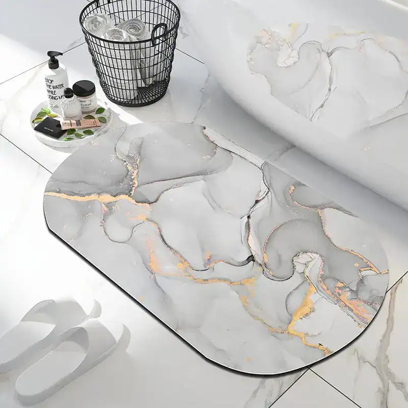 Badmat marmer met goudkleurige accenten, antislip, badkamermat voor moderne badkamer.