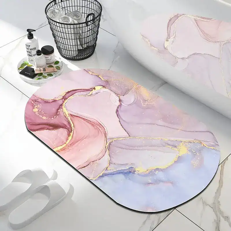 Badmat marmer met roze en paarse kleuren, antislip, badkamermat voor douche of bad.