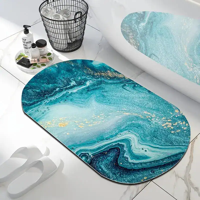 Badmat marmer met blauwe en gouden kleuren, antislip badkamermat voor bad of douche.