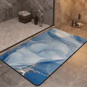 Badmat marmerlook blauw met goud accenten, antislip badkamermat voor douche.
