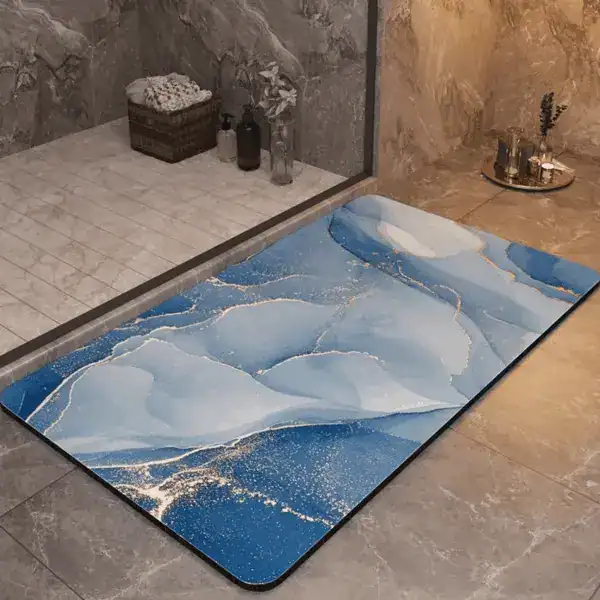 Badmat marmerlook blauw met goud accenten, antislip badkamermat voor douche.