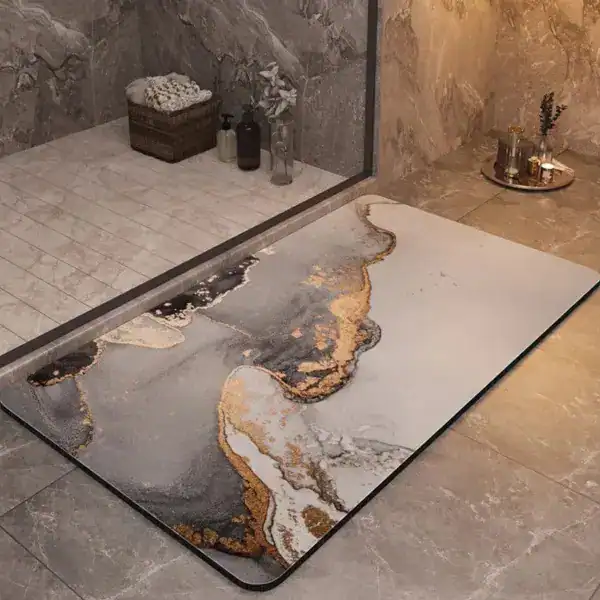 Badmat marmerlook met goud en zwart, antislip badkamermat voor douche.