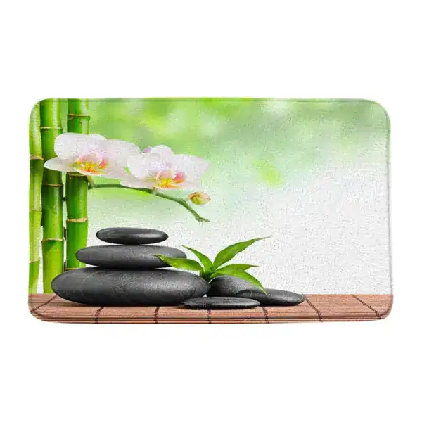 Badmat met foto van orchidee en bamboe, antislip badkamermat.