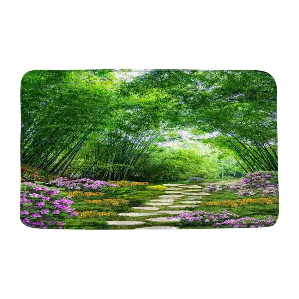 Badmat met foto van groene bamboe en bloemen, antislip badkamermat.