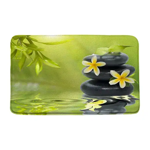 Badmat met foto van zen stenen en bloemen, groen ontwerp.