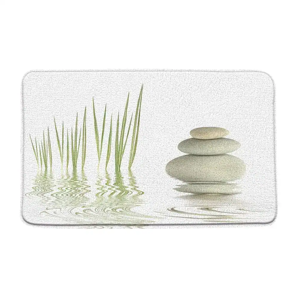 Badmat met rustgevend ontwerp van stenen en riet in water, antislip badkamermat.
