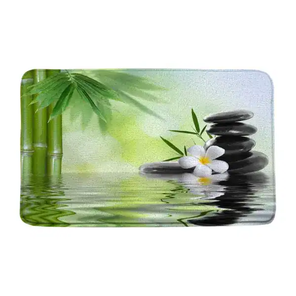 Badmat met foto van bamboe, zen stenen en bloem voor badkamer.