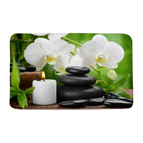 Badmat met foto van witte orchideeën en zwarte stenen, antislip badkamermat.