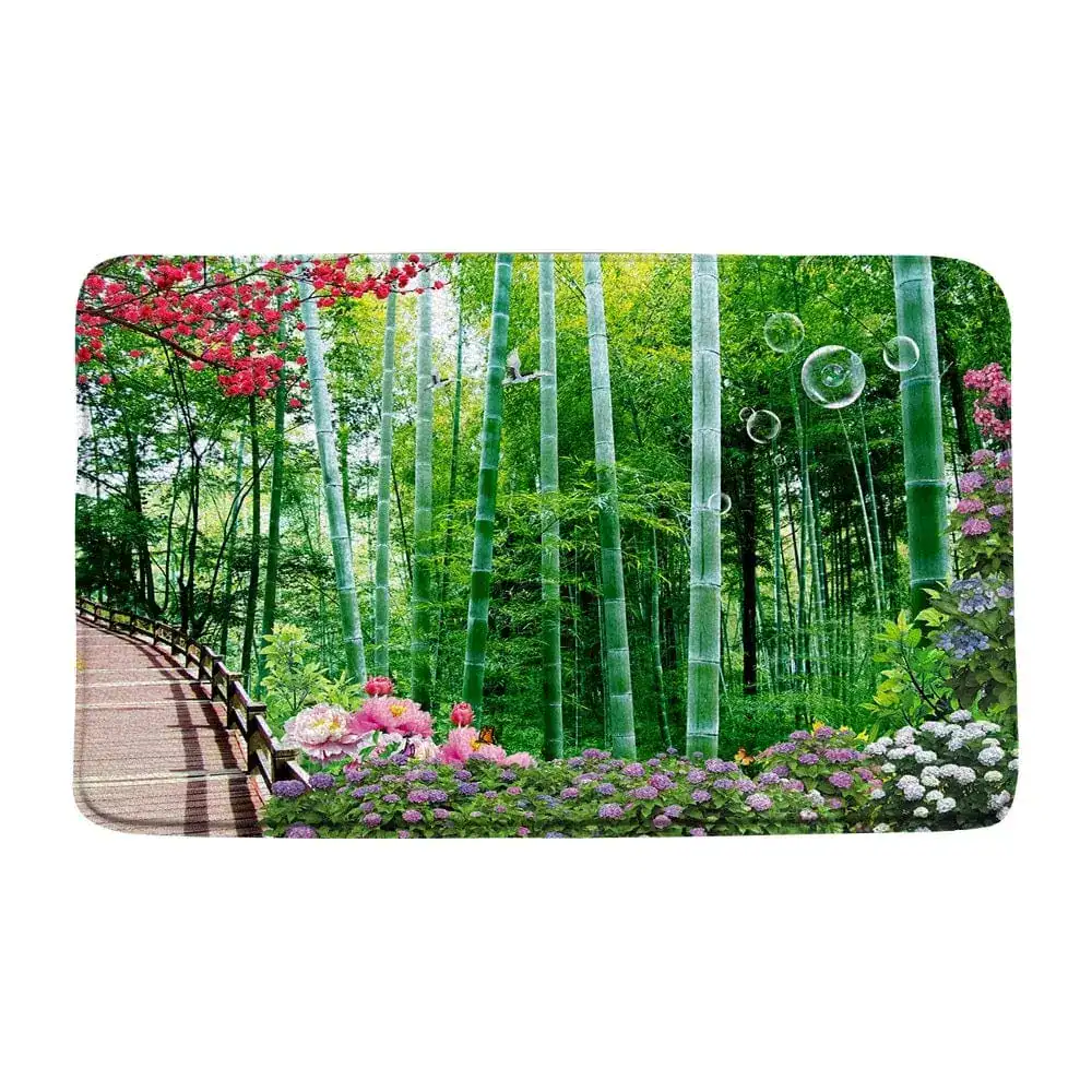 Badmat met foto van bamboe bos en bloemen, badkamermat met print.