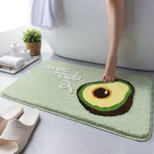 Mintgroene badmat met avocado print en witte tekst, antislip voor badkamer.