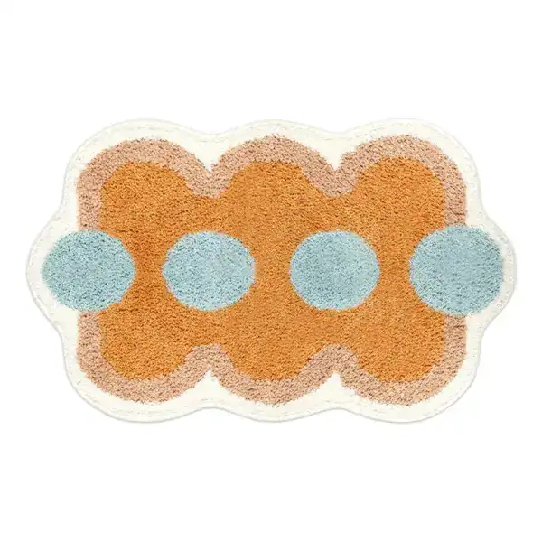 Multicolor badmat met blauwe en oranje cirkels, antislip badkamermat.