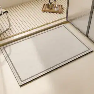 Badmat naturel met grijze rand, antislip badkamermat voor douche en bad.