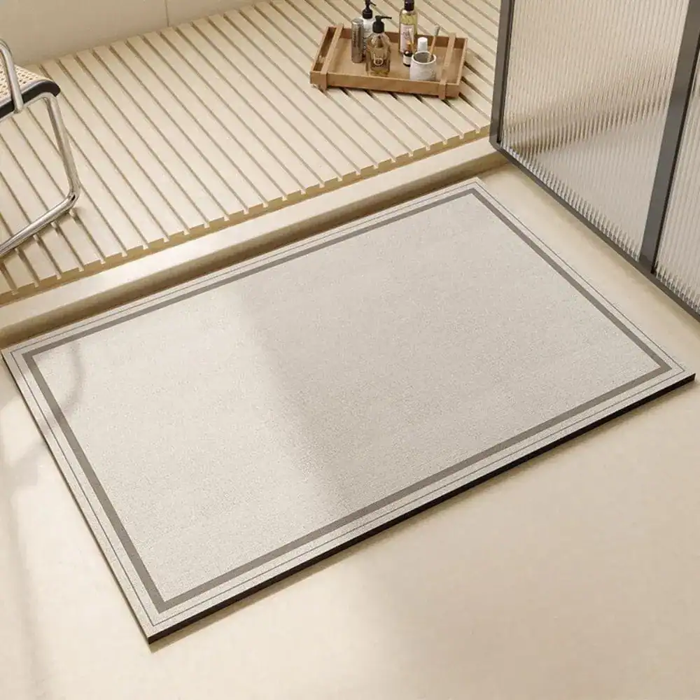 Badmat naturel met grijze rand, antislip badkamermat voor douche en bad.