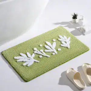 Olijfgroene badmat met witte bladmotief, antislip voor badkamer.