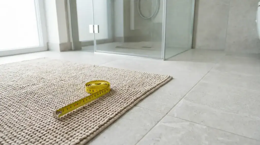 Meetlint op een beige badmat voor een inloopdouche