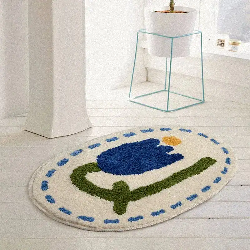 Ovaal badmat met blauwe tulpenprint, antislip badkamermat voor bad of douche.