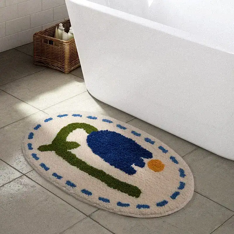 Ovaal badmat met blauwe en groene bloem, antislip badkamermat voor bad.