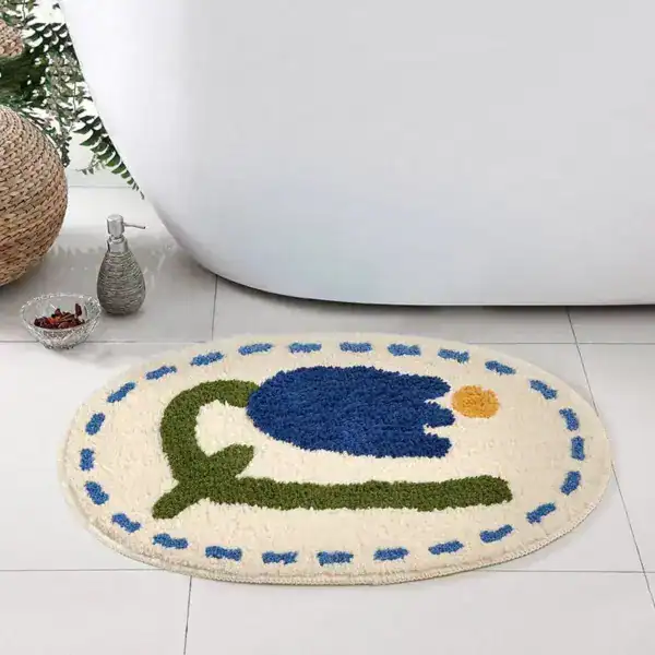 Ovaal badmat met blauwe en groene bloemmotief, antislip badkamermat voor bad of douche.