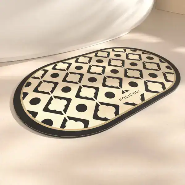 Ovaal badmat beige met zwart geometrisch patroon, antislip voor badkamer.