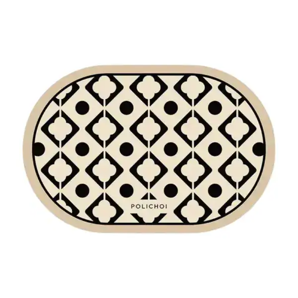 Ovaal beige badmat met zwart geometrisch patroon, antislip badkamermat.