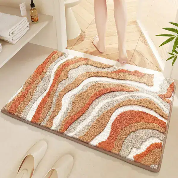 Badmat petrol blauw met oranje en beige strepen, antislip badkamermat voor douche.