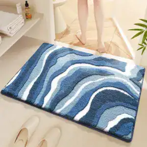 Badmat petrol blauw met golfpatroon, antislip badkamermat voor douche en bad.