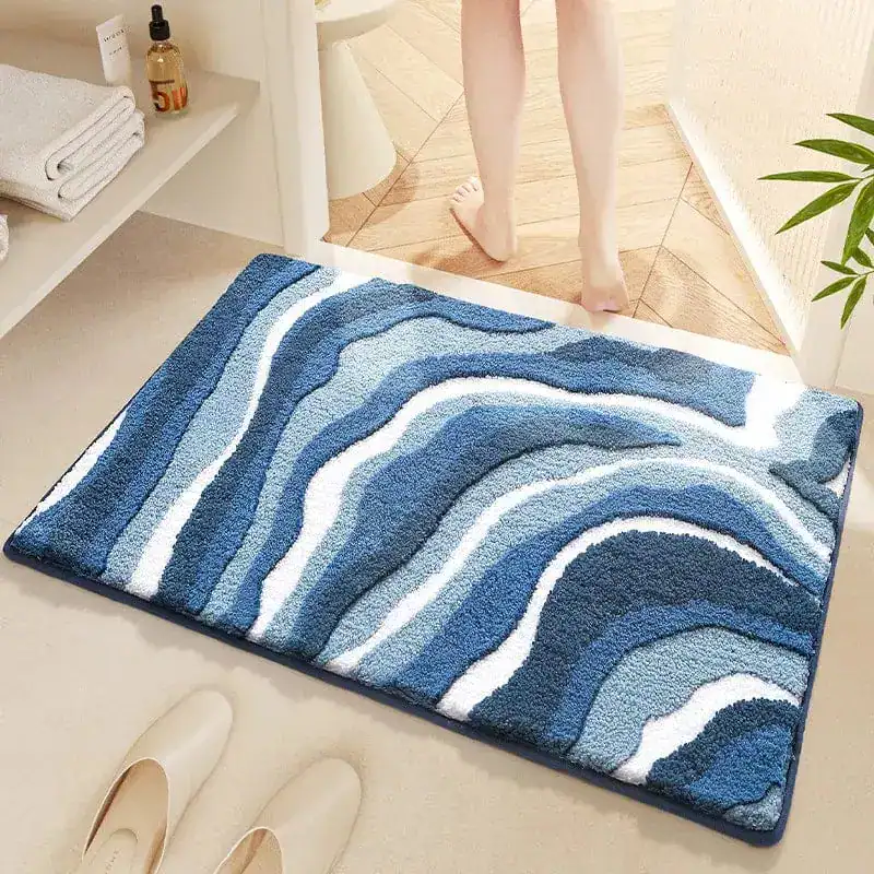 Badmat petrol blauw met golfpatroon, antislip badkamermat voor douche en bad.