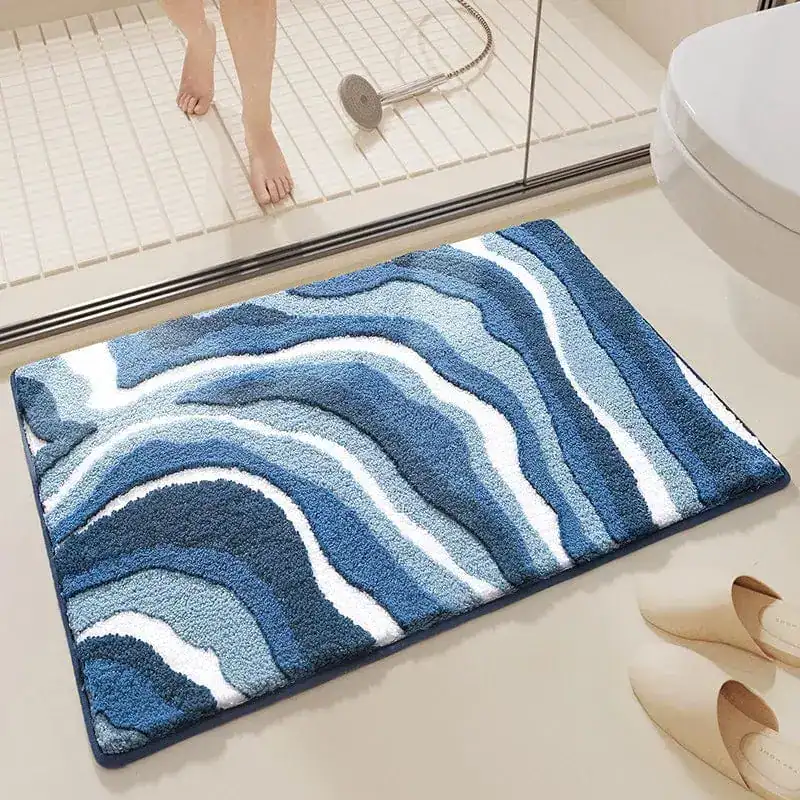Badmat petrol blauw met golfpatroon, antislip badkamermat voor douche.