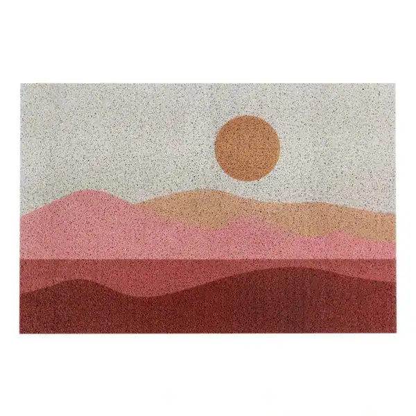 Retro badmat met zon en bergen in roze en bruin, antislip badkamermat.