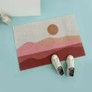 Retro badmat met zon en bergen, antislip badkamermat voor de douche.