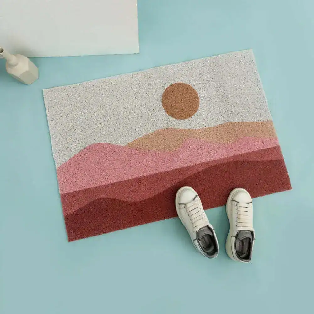 Retro badmat met zon en bergen, antislip badkamermat voor de douche.