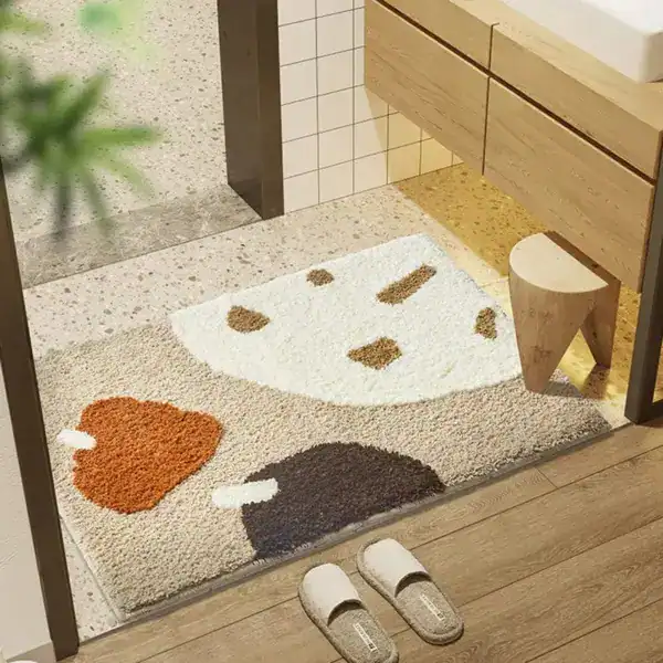 Badmat roestbruin met kleurrijke vormen, antislip, badkamer.