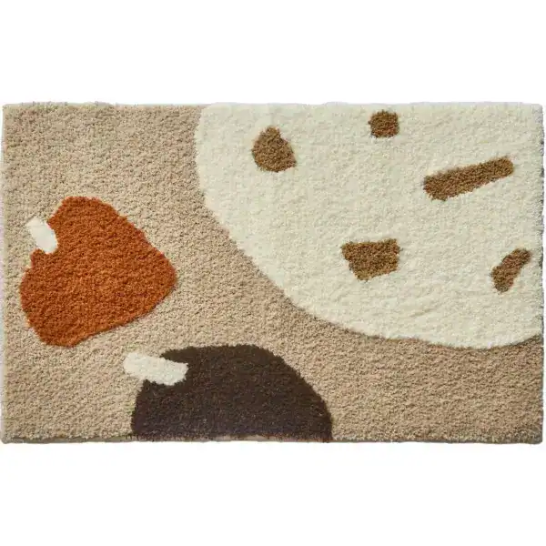 Badmat roestbruin met abstracte vormen in beige, bruin en wit, antislip badkamermat.