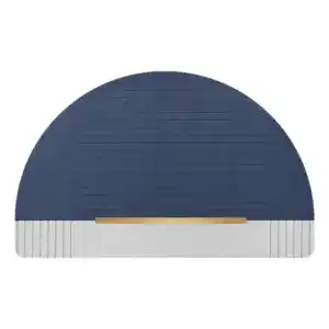 Ronde badmat in blauw met goudkleurige accentstrook en gestreepte textuur.